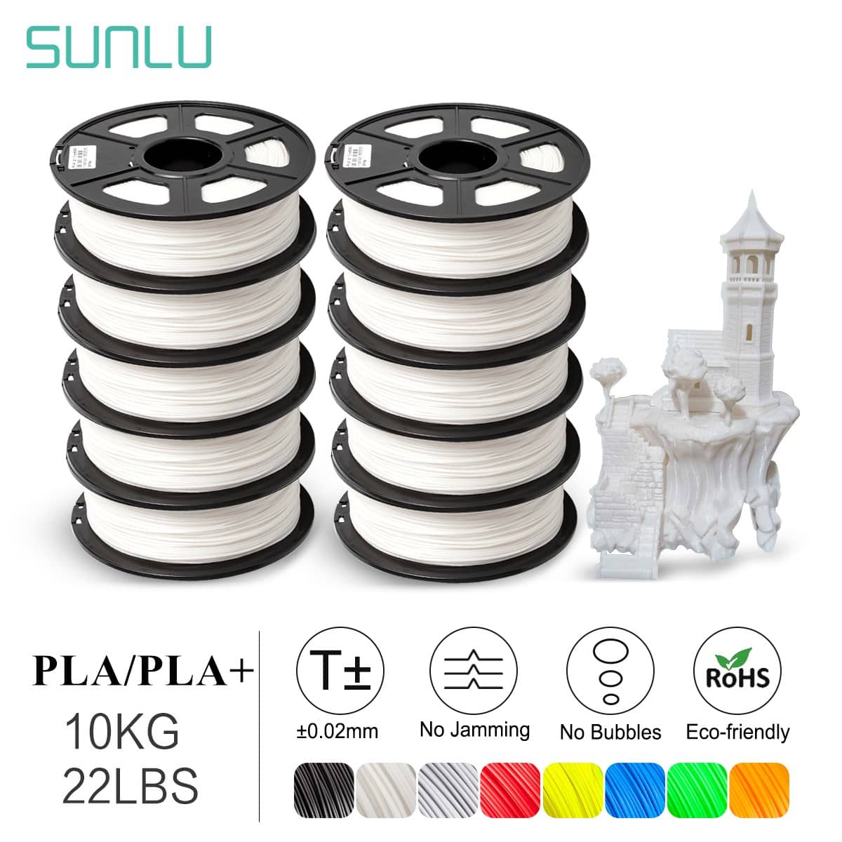 SUNLU PLA Filament 1.75mm 10KG 22LBS 1KG x 10 Colors PLA 3D Filament for 3D Printer & 3D Pens Tolerance Accuracy +/- 0.02 mm 